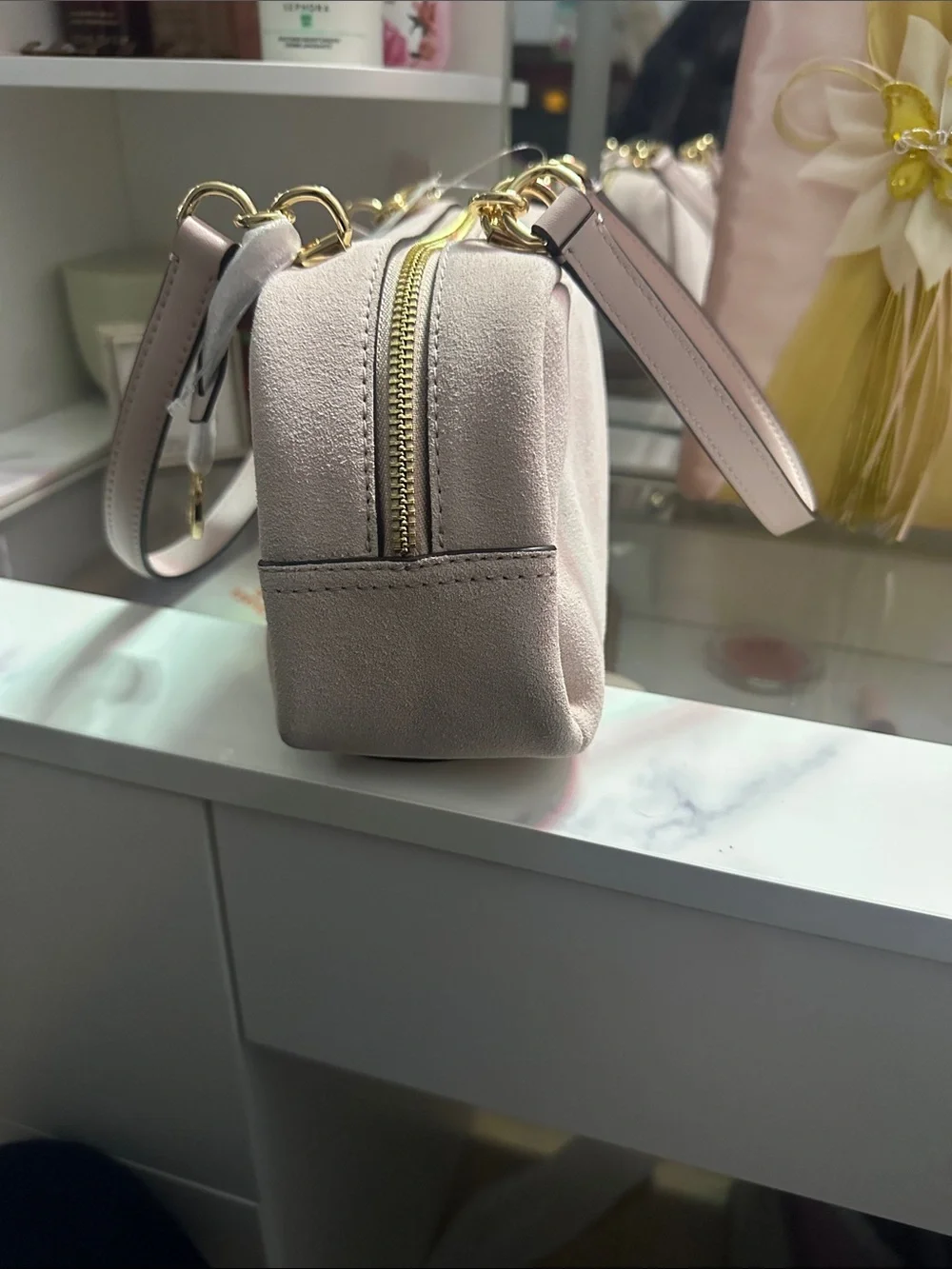 Michael Kors Blush Pink Suede Top-Handle Shoulder Bag with Gold Hardware
